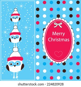 cute owls merry christmas card vector illustration