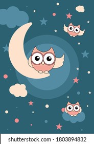 Cute owls in the night