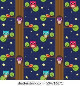 Cute owls at night on the tree. Seamless vector pattern.