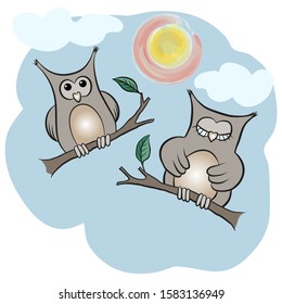 Cute owls on a background of blue sky, clouds and shining sun.