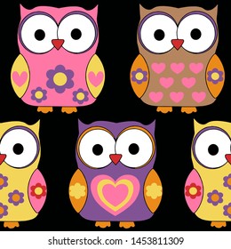 Cute Owls on Black Surface Pattern Vector, Owls Repeat Pattern for Textile Design, Fabric Printing, Stationary, Packaging, Wallpaper or Background
