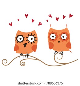 Cute owls on the branch.  Love concept for the greeting card of birthday, wedding, Valentines day, Vector illustration eps 10.