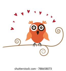 Cute owls on the branch.  Love concept for the greeting card of birthday, wedding, Valentines day, Vector illustration eps 10.