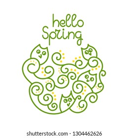 Cute owls on the branches. The Inscription Hello Spring. Graphics, Vector illustration