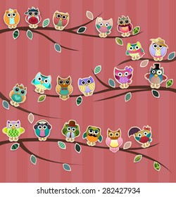 Cute Owls on Branches with Stripes Vector