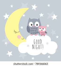 cute owls on the clouds vector illustration