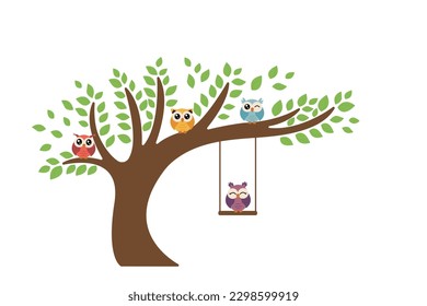 cute owls on huge tree with green leaves. Nursery wall decal stickers. Vector illustration for designs, prints and patterns. Isolated on white background