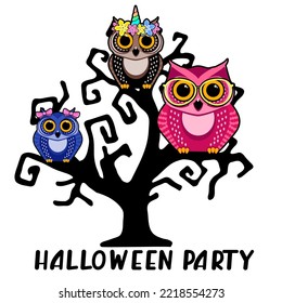 Cute owls on an old gnarled tree. Cartoon vector illustration. Humorous congratulatory Halloween concept.
