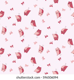 Cute owls on a pink background seamless pattern. Pink collection. Cotton Fabric for Sewing, Patchwork, Print Design Tissue textile Cloth Fabrics