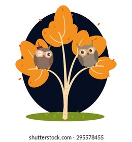 The cute owls on tree .