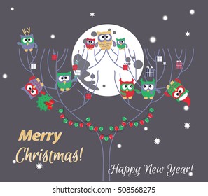 Cute owls on the tree, Christmas background, Merry Christmas greeting card