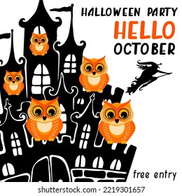 Cute owls on the walls of a magical castle and a silhouette of a flying witch. Cartoon vector illustration. Humorous congratulatory Halloween concept.