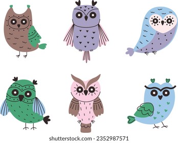 Cute owls with ornaments on their wings. Set of vector colorful birds.