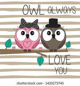 cute owls, owl love vector illustration, greeting card