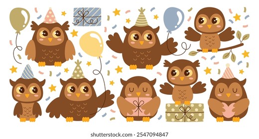 Búhos lindos y personajes de pájaros de búhos que celebran el evento de fiesta de cumpleaños sintiéndose divertidos y felices sobre fondo de confeti. Dibujos animados divertidos birdie mascota sosteniendo caja de regalo, globo de Ilustración vectorial