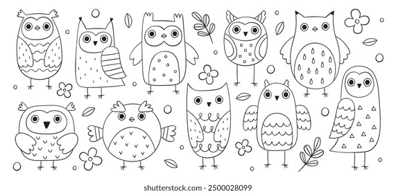 Cute owls and owlets hand drawn doodle sketch flat set with childish pattern. Kawaii wise forest bird decorative outline drawing vector illustration in monochrome style. Template for postcards