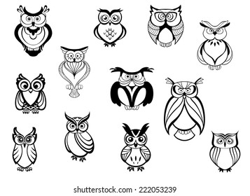 Cute owls and owlets set isolated on white background in cartoon style, for tattoo, wildlife and mascot design