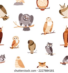 Cute owls pattern. Seamless background, funny realistic wild birds, owlets, repeating print. Endless nature texture design for textile, fabric, wallpaper, decoration. Flat vector illustration