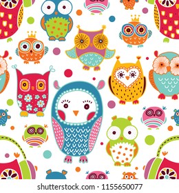 Cute owls. Seamless pattern.