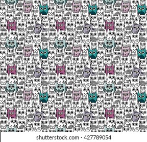 Cute owls seamless pattern. Black and white background. Great for coloring book, printing, fabric, textile. Vector illustration