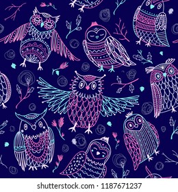 Cute owls seamless pattern in boho style with ornaments. Can be printed and used as wrapping paper, wallpaper, textile, fabric, etc.