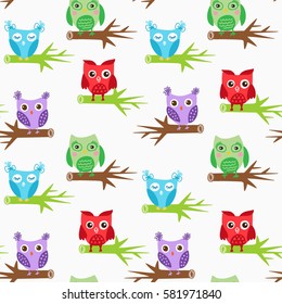 Cute owls seamless pattern, bright colors birds on white background. Child vector illustration can be used for web, print, textile design