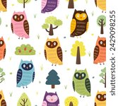 Cute owls seamless pattern. Forest bird character background for kids in cartoon style. Colorful woodland print for children. Vector illustration
