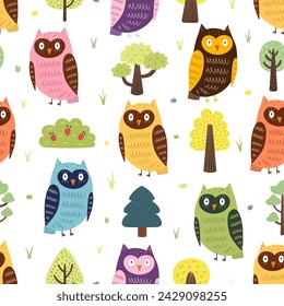 Cute owls seamless pattern. Forest bird character background for kids in cartoon style. Colorful woodland print for children. Vector illustration