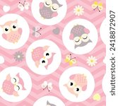 Cute owls seamless pattern. Funny floral background. Vector illustration