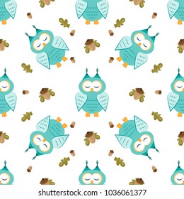Cute owls seamless pattern. Funny forest background with acorns and leaves.. Vector illustration