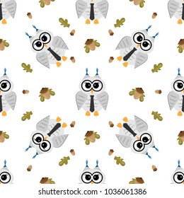 Cute owls seamless pattern. Funny forest background with acorns and leaves.. Vector illustration