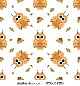 Cute owls seamless pattern. Funny forest background with acorns and leaves.. Vector illustration