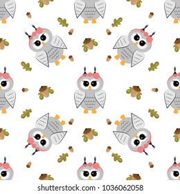 Cute owls seamless pattern. Funny forest background with acorns and leaves.. Vector illustration