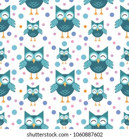 Cute owls seamless pattern. Funny forest background. Vector illustration