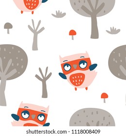Cute owls seamless pattern. Funny forest background. Vector illustration
