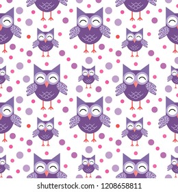 Cute owls seamless pattern. Funny childish background. Vector illustration