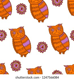 Cute owls seamless pattern. Funny forest background.Cartoon style. Vector illustration