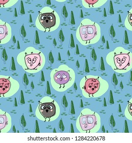 Cute owls seamless pattern. Funny forest background. Vector illustration