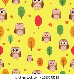 Cute owls seamless pattern. Funny forest background. Vector illustration 