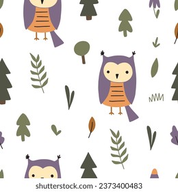 Cute owls seamless pattern. Funny forest background. Vector illustration