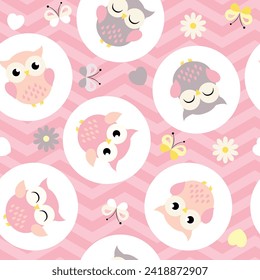 Cute owls seamless pattern. Funny floral background. Vector illustration