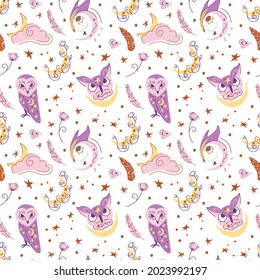 Cute owls seamless pattern. Mystic soft purple owls backdrop. Sleeping animals background on white 