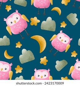 Cute owls seamless pattern, night sky vector background