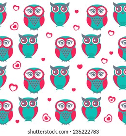 Cute owls seamless pattern. Vector Illustration. Can be used for web, paper, wrap, wallpaper, textile and other design. Valentine`s background.
