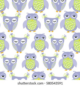 Cute owls seamless pattern, violet colors birds on white background. Vector illustration can be used for web, print, textile design