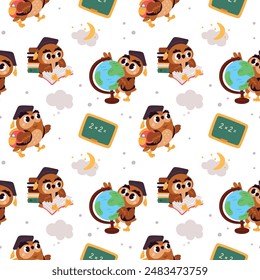 Cute owls seamless pattern. Wise birds with globes. Class blackboard. School satchels and books. Kids education. Funny animal mascot. Owlet student studying. Garish