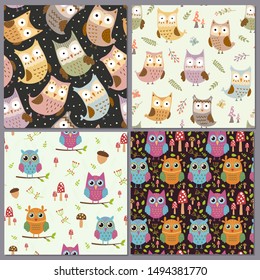 Conjunto de patrones sin costuras de búhos lindos. Fondos de animales divertidos. Ilustración vectorial