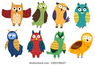 Cute owls set in cartoon style. Funny doodle owlets collection for kids design, baby shower, fabric and textile. Vector illustration