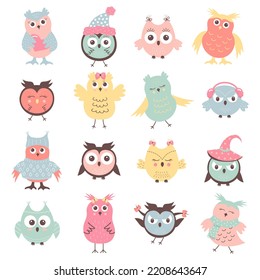 Cute owls set in different clothes and poses. Scandinavian boho cartoon characters. 