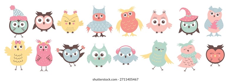 Búhos lindos fijados en diferentes ropas y poses. Personajes de dibujos animados boho escandinavos. 